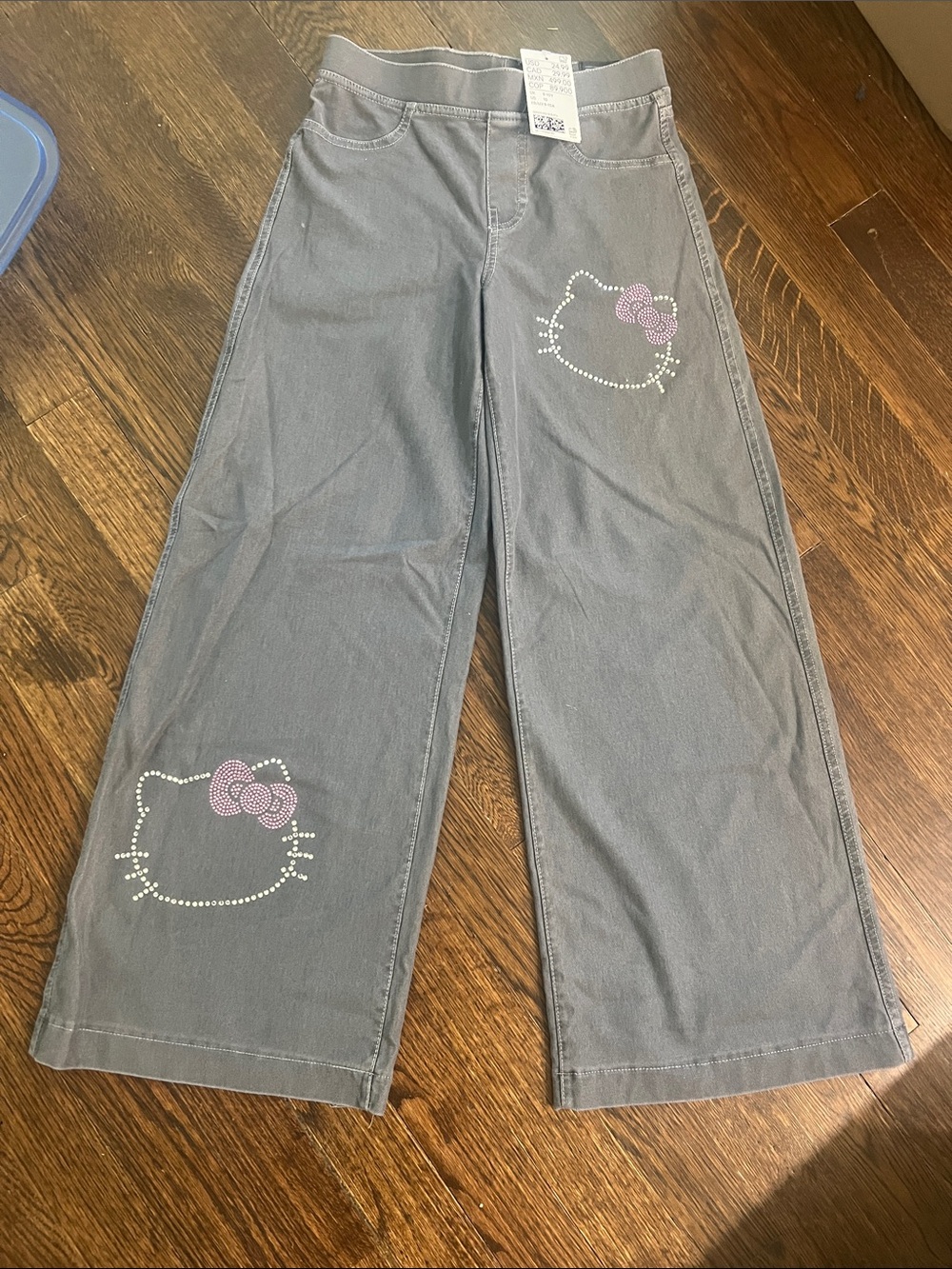 H&M Girls' Gray Wide-Leg Hello Kitty Rhinestone Pants with Pink Bow